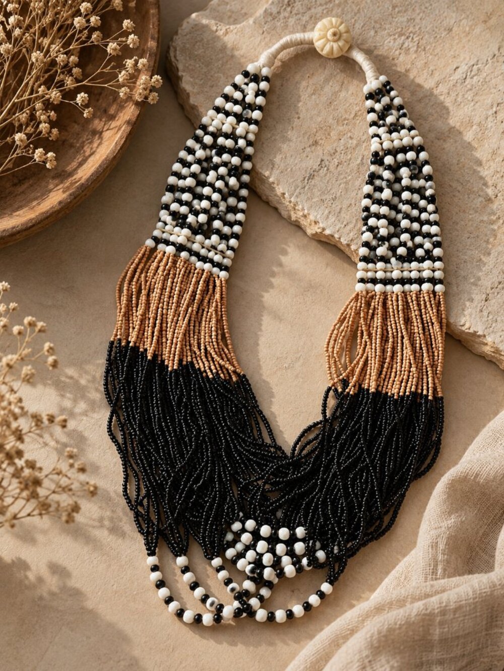 Boho Statement Beaded Necklace Black White Tan Multi Strand Tribal Artisan